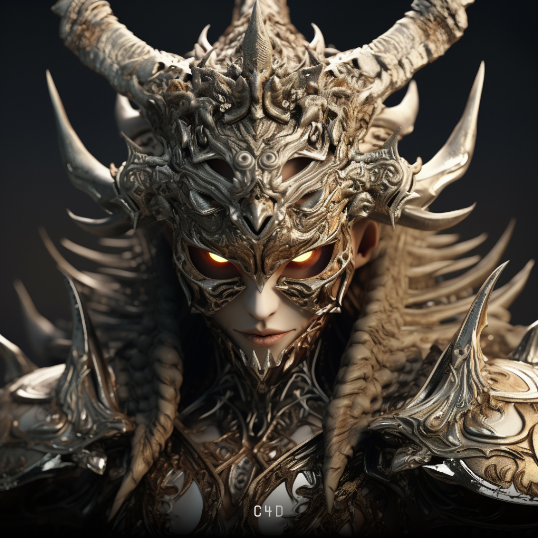 Image of a female demon warrior, produced by Midjourney, using the design software style keyword C4D