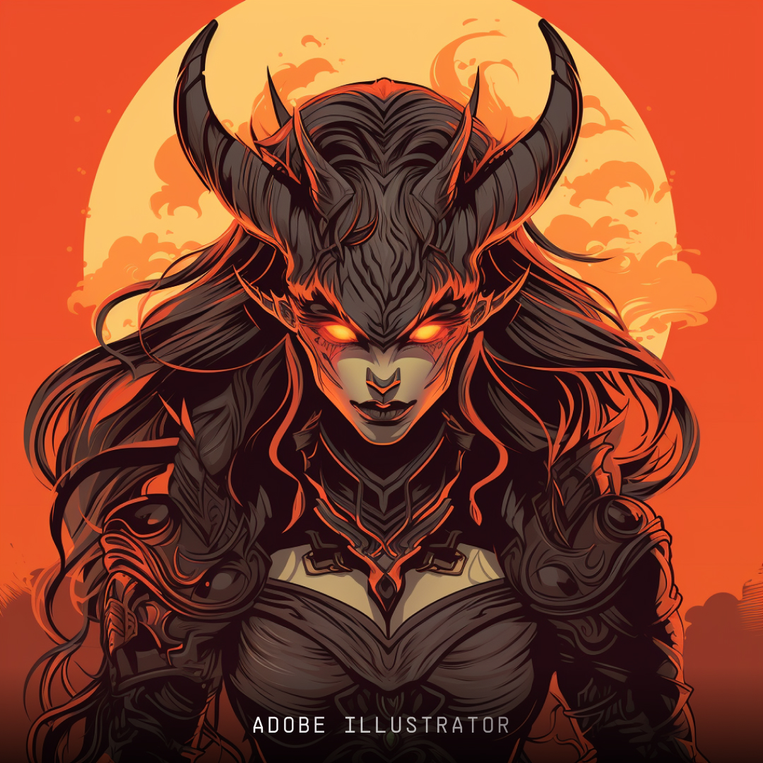 Image of a female demon warrior, produced by Midjourney, using the design software style keyword Adobe Illustrator
