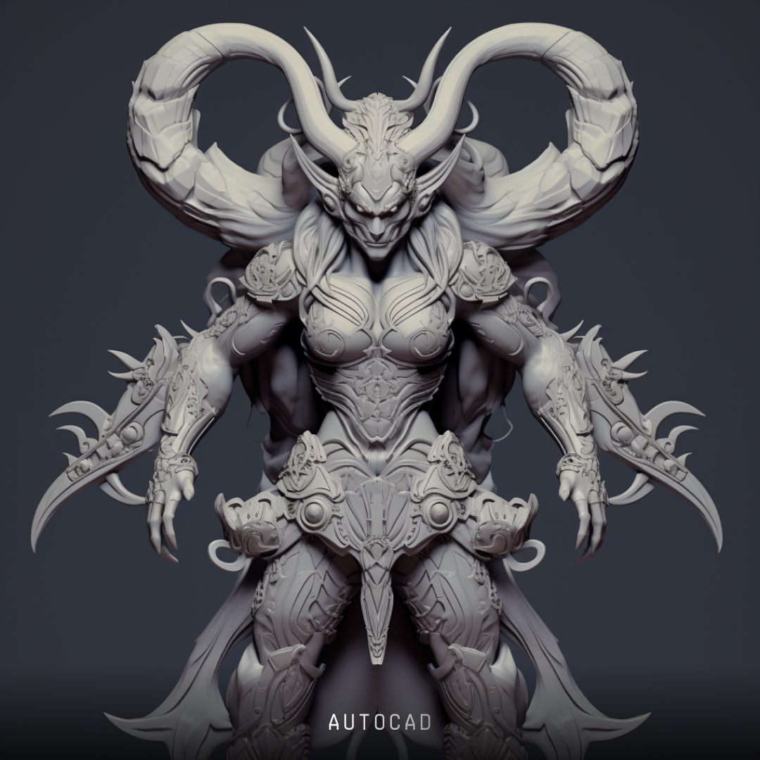 Image of a female demon warrior, produced by Midjourney, using the design software style keyword AutoCAD