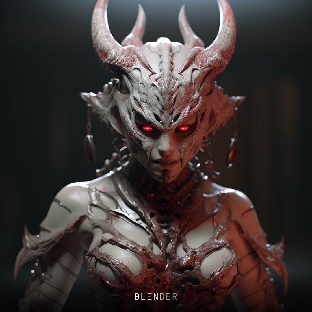 Image of a female demon warrior, produced by Midjourney, using the design software style keyword Blender