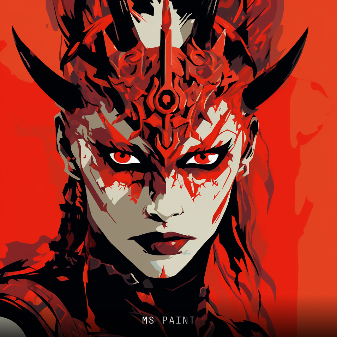 Image of a female demon warrior, produced by Midjourney, using the design software style keyword MS Paint