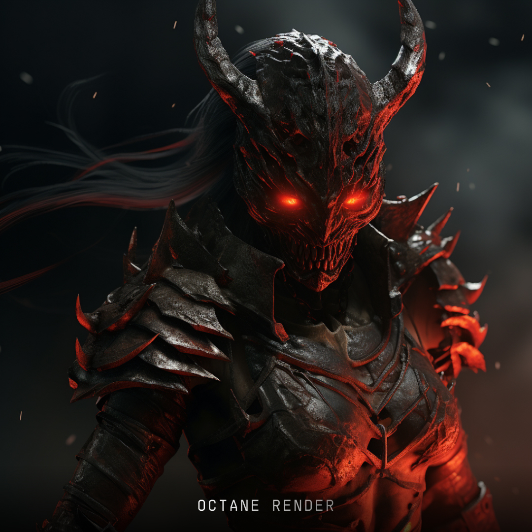 Image of a female demon warrior, produced by Midjourney, using the design software style keyword Octane Render