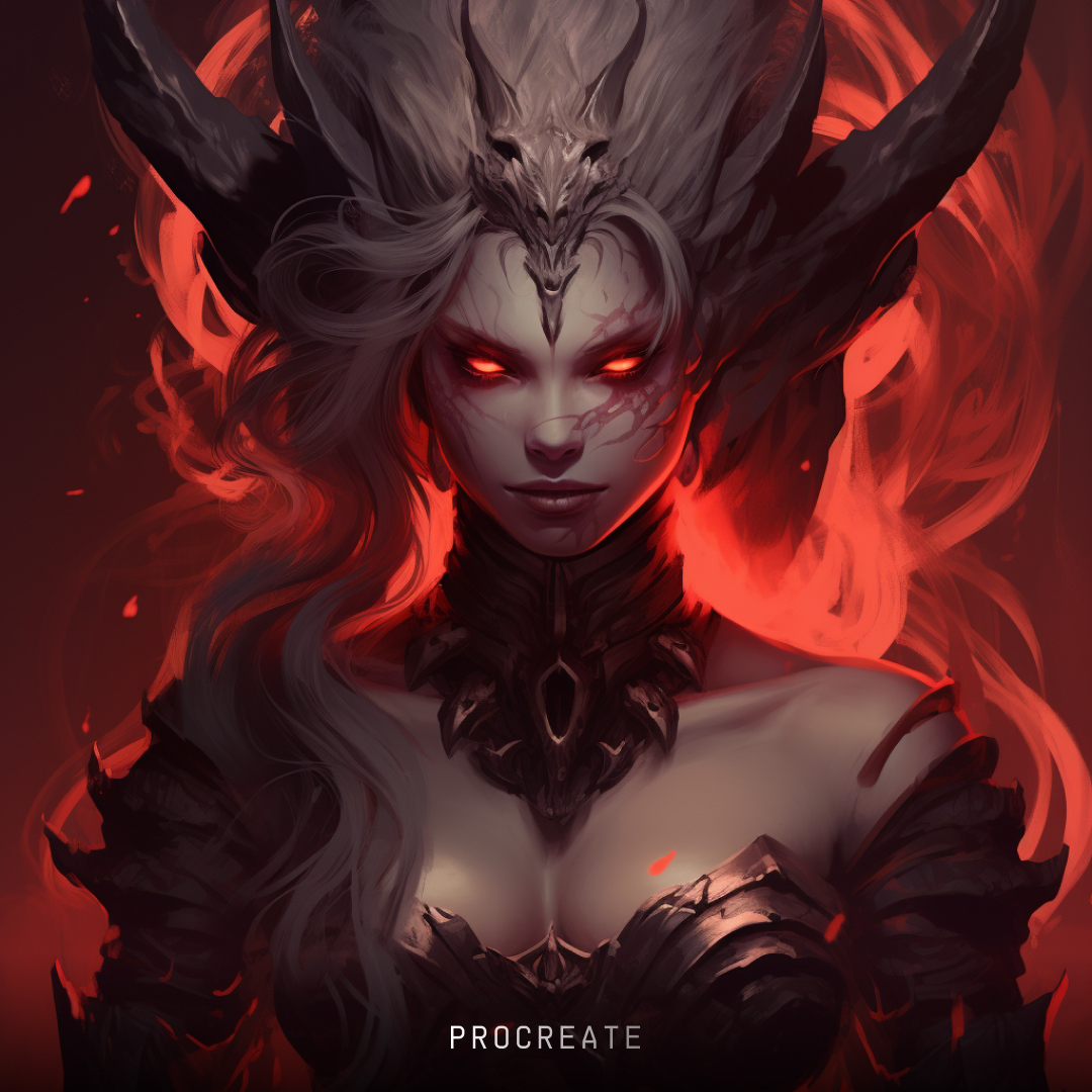 Image of a female demon warrior, produced by Midjourney, using the design software style keyword Procreate